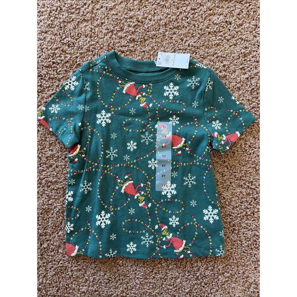 Old Navy Green Grinch Snowflake Holiday Christmas Crewneck Tee Shirt 3T NEW NWT